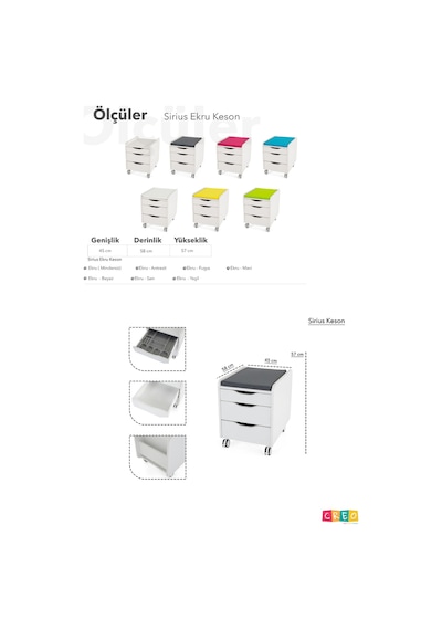 Creo Mobili Çekmeceli Tekerlekli Sirius Keson, Oturulabilir Ofis Ve Ev Komodini, Ekru/mavi