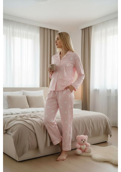 Burcumay Kadın Kalpli Desenli Süet Gömlek Yaka Uzun Kol Pembe Kışlık Pijama Pembe