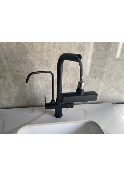 Mutfak Eviye Bataryası Dual Flow Arıtma Çıkışlı Duş Şelale 3 Fonksiyon Mat Siyah