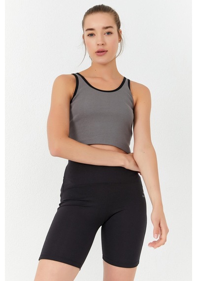 Tommy Life Gri Basic Sıfır Kol Dar Kalıp U Yaka Kadın Crop Top Atlet - 97162 Gri