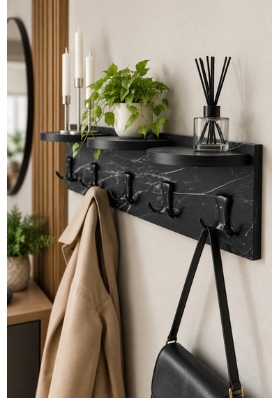 Sulorahome 5'li Duvar Askılığı Ve Raflı Portmanto Siyah Mermer Desenli 80 Cm