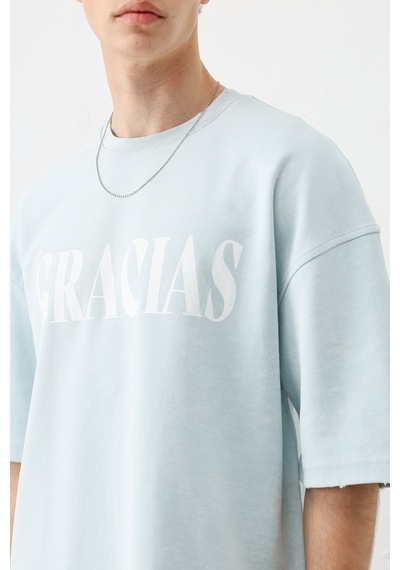 Vamos Oversize Baskılı Tişört V70-143 Bebe Mavi