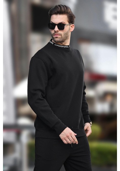 Madmext Siyah Bisiklet Yaka Şardonlu Erkek Sweatshirt 7047-siyah Siyah