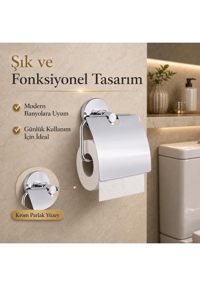 Alper Banyo Kapaklı Tuvalet Kağıtlığı, 304 Paslanmaz Çelik, Krom Kaplama Wc Kağıtlık, Yapışkanlı Ve Vidalı Diğer