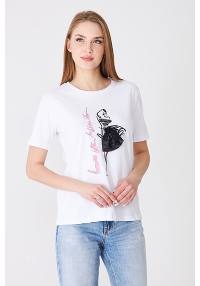 Sortie Collection Eteği Tül Detaylı Silüet Baskılı Basic Tshirt Beyaz