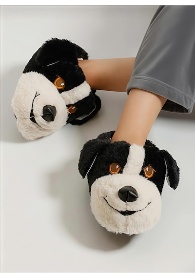 Papucumun Dünyası Unisex Yumuşak Taban Sevimli Köpek Panduf Yetişkin Ve Çocuk Kız Ve Erkek Panduf Siyah