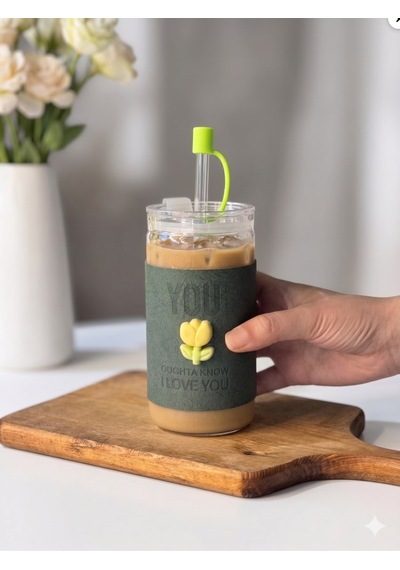 Minnoş 350ml Cam Pipetli Bardak Kapaklı Süet Kılıflı Soğuk Kahve Smoothie Sunum Bardağı B