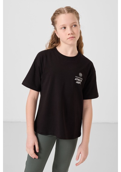 Siyah Pamuklu O Yaka Oversize Fit Baskılı Kız Çocuk T-shirt - 75178 Siyah