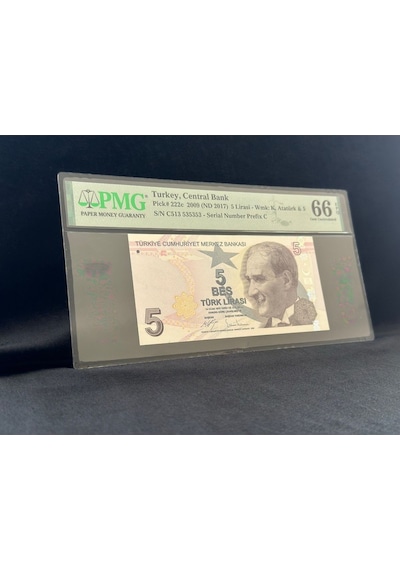 Türk Lirası 5 Tl Tekrarlanan Rakamlar Sn C513 53 53 53 P 222c 2009 Nd2017 Pmg 66 Epq Gem Unc Çi