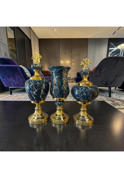 Sleep Nova Emerald Black Marble Gold Detaylı Üçlü Vazo ve Obje Seti