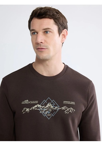 Lc Waikiki Kahverengi Bisiklet Yaka Baskılı Erkek Sweatshirt