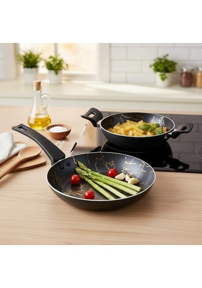 Desert Eco 2&apos Li Kahvaltı Seti - İzmir Desenli 20 Cm Sahan Ve 24 Cm Tava Yanmaz Yapışmaz Takım Açık Gri