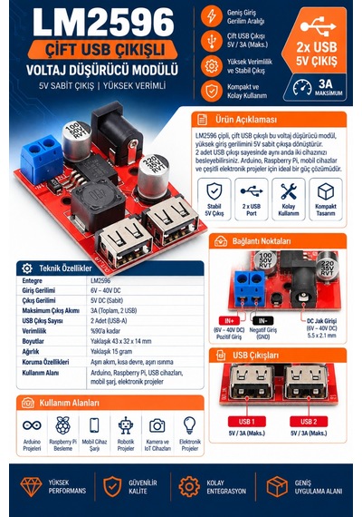 Lm2596 Çift Usb Çıkışlı Voltaj Düşürücü Modülü - 5v