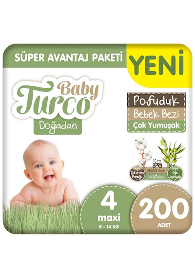 Baby Turco Doğadan Süper Avantaj Paketi Pofuduk Bebek Bezi 4 Numara Maxi 200 Adet