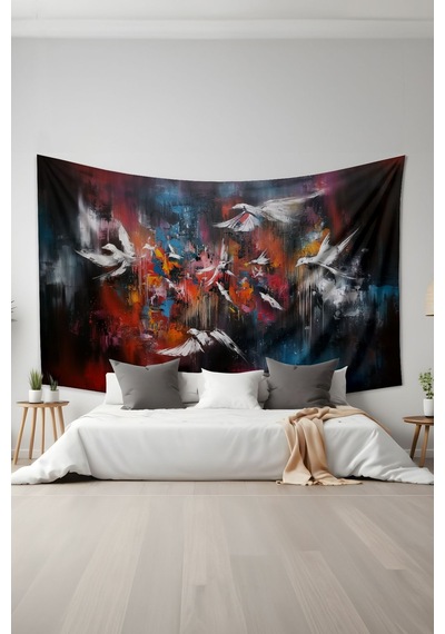 Kuşların Dansı Desenli Duvar Halısı Duvar Örtüsü Tapestry Süet Dokulu Kumaş