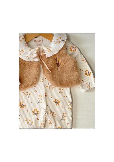 Altıntaş Baby Peluş Yelekli Çiçek Desenli Fitilli Esnek Kumaş Çıtçıtlı Patikli 2li Set Kız Bebek Tulum Ekru Çiçek Desenli Ekru Çiçek Desenli