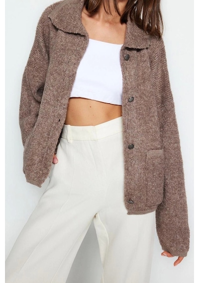 Ersefa Kadın Modern Tarz Oversize Polo Yaka Regular Triko Hırka VIZON