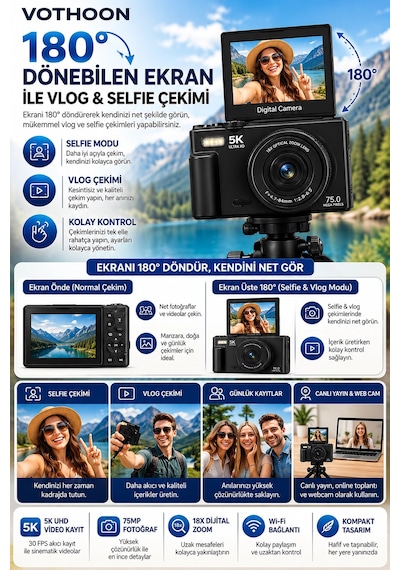 5k 75mp 18x Zoom Flaşlı 3 Flip Ekranlı Türkçe 32gb Kart Dijital Vlog Fotoğraf Makinesi Lens Hediyeli
