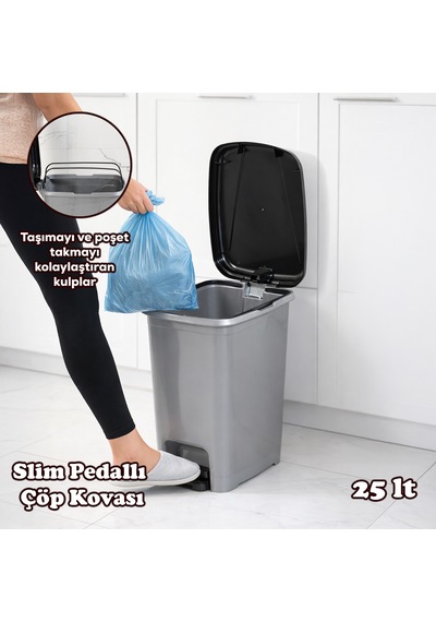 Porsima 0131 Pedallı Metalize Banyo Mutfak Çöp Kovası Siyah Kapaklı Slim Pedallı Çöp Kovası 25 Litre Siyah