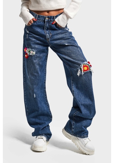 Itsbasic Kadın T.kot Rengi Etnik Gül Desenli Loose Fit Tasarım Denim Jean Motifli Tint