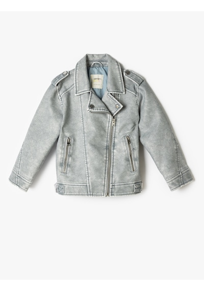 Koton Suni Deri Biker Ceket Fermuarlı Cep Detaylı Gri 5skg20016aw Gri