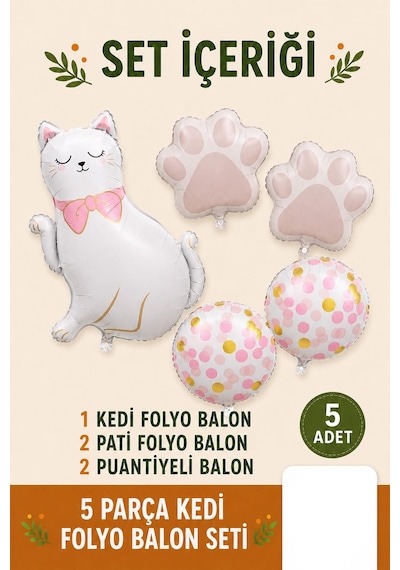 5 Parça Kedi Folyo Balon Seti Pati Ve Puantiyeli Doğum Günü Parti Süsü Çok Renkli