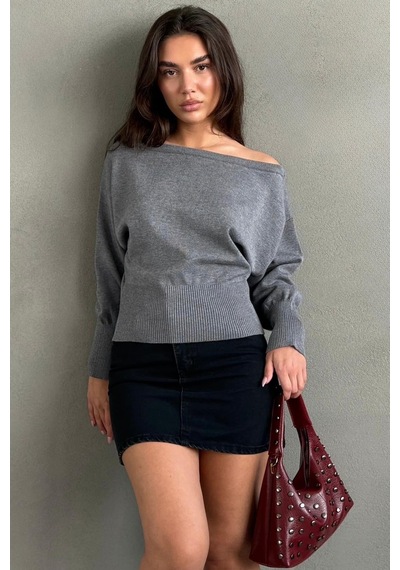 Madmext Gri Ribbed Asimetrik Kesimli Kadın Kazak Mg2744