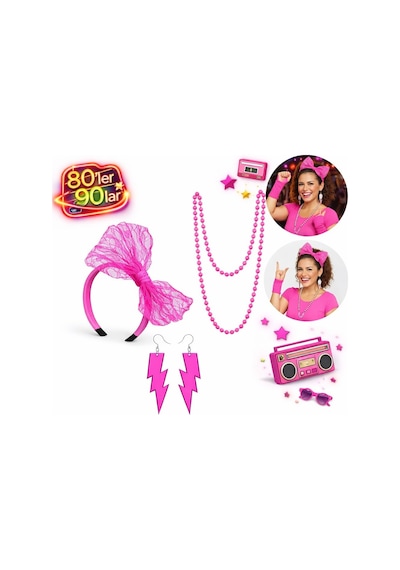 80 Ler 90 Lar Neon Pembe Parti Seti Kolye Küpe Taç - Zmff-874159 Renkli