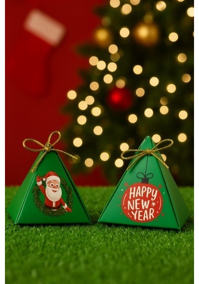 Noel Baba Yeşil 10'lu Piramit Kutu - Hediye Kutusu - Yılbaşı Kutusu - Yılbaşı Hediye- New Year Gift