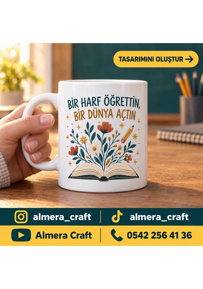 Kişiye Özel İsimli Öğretmen Kupası Öğretmene Hediye Baskılı Porselen Kupa Bardak 300 Ml Almera Craft Beyaz - Beyaz
