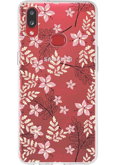 Samsung Galaxy A10s Uyumlu Kapak Floral Kırmızı Tasarımlı Şeffaf Silikon Kılıf