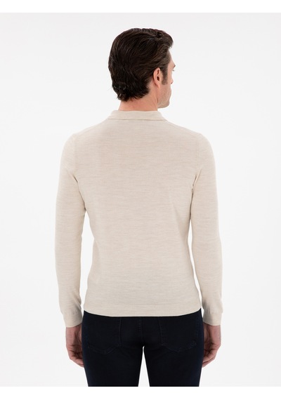 Cacharel Bej Slim Fit Yün Karışımlı Polo Yaka Basic Triko Kazak