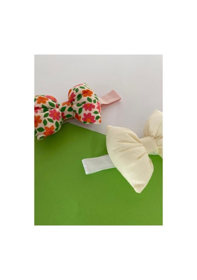 Pamuk Kız Bebek Fiyonk Bandana 2'li Set Ekru - Çiçek Desen Ekru - Çiçek Desen
