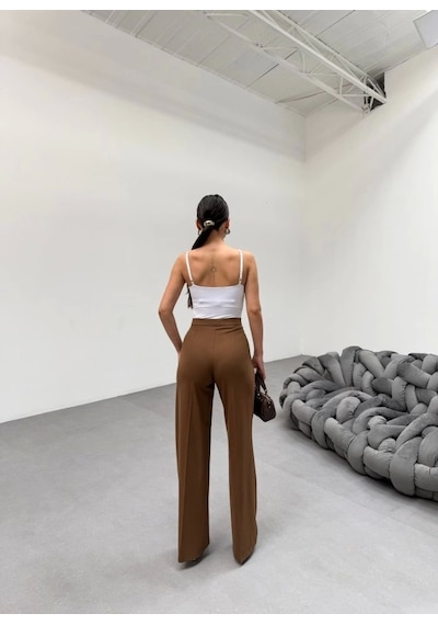 Defymoda 230 Gr Poly Viscose Lycra Metal Düğme Palazzo Pantolon Taba