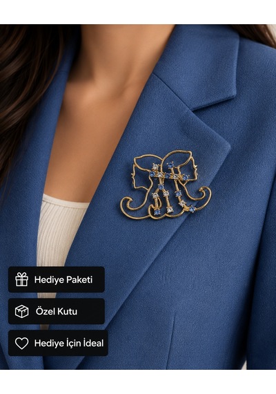Hediye İkizler Burcu Kadın Broşu Mavi Taşlı Gold Renk Zirkon Rozet Açık Gri