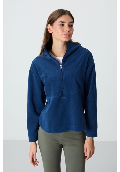 Tommy Life Parlament Kalın Yumuşak Dokulu Kapüşonlu Oversize Nakışlı Polar Kadın Sweatshirt -97286 Parlament Mavisi
