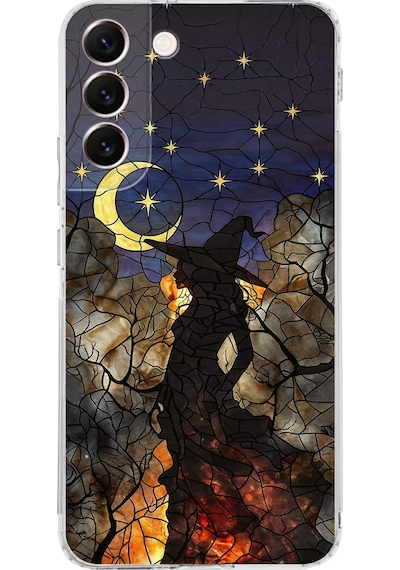 Printify Samsung Galaxy S22 Plus İle Uyumlu Vitray Cadı Saati Tasarımlı Şeffaf Silikon Kılıf Şeffaf