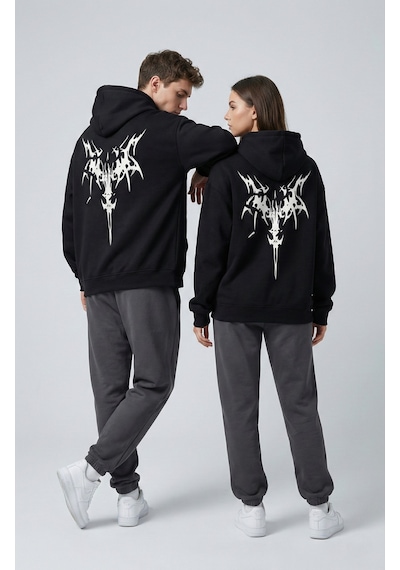 Nevermind Unisex Oversize Hoodie Grafik Sembol Baskılı Siyah