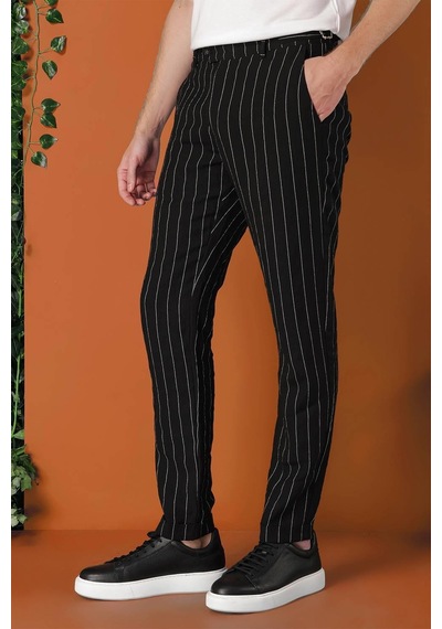 Efor Comfort Fit Yandan Tokalı Çizgili Keten Casual Siyah Pantolon P 1151 Siyah