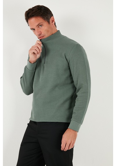 Buratti Pamuklu Regular Fit Yarım Fermuarlı Dik Yaka Erkek Sweat 5905716 Haki
