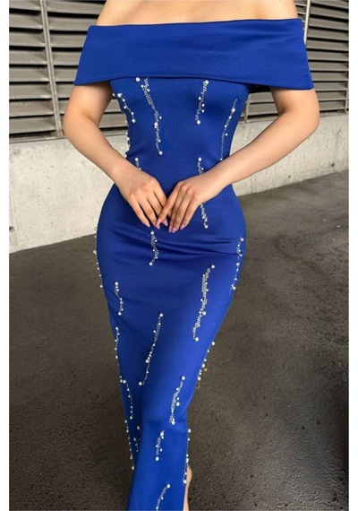 Lior Design Kadın Trend Tasarım Scuba Esnek Kumaş Straplez Taş Detaylı Abiye Elbise Lacivert