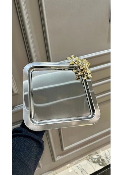 6 Lı Kare Kahve Çay Tek Kişilik Metal Sunum Tepsi Gümüş