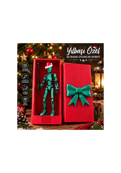 Yılbaşı Temalı Hareketli Robot Dummy Oyuncak Noel Şapkalı 3d Baskı Figür, Özel Hediye Kutulu