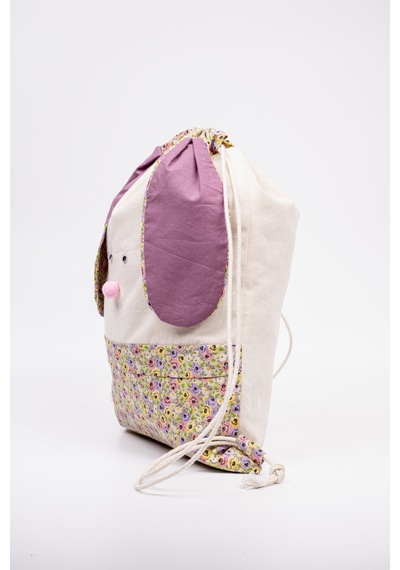 Fabric Craft Bag Çocuk Sırt Çantası Çiçek Desenli Figürlü Bez Model 33x44 Cm Astarlı Krem - Mor