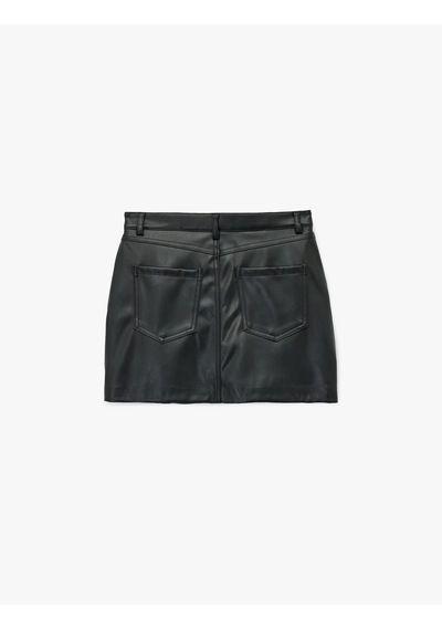 Koton Suni Deri Slim Fit Cep Detaylı Mini Şort Etek Siyah 6wal70056ıw Siyah