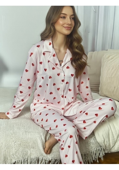 Rukod Kadın Pembe Kırmızı Kalp Desenli Süet Gömlek Yaka Düğmeli Uzun Altlı Pijama Takımı Pembe