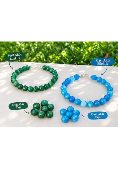 Mavi Akik & Yeşil Akik İkili Bileklik Set Mavi Ve Yeşil