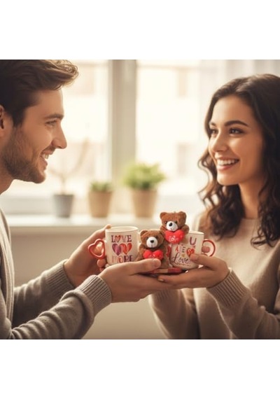 Ayıcık Peluş Anahtarlıklı Porselen Kupa Seti - 380 Ml Kutulu Hediye - 4 Farklı Modelden Biri Sürpriz/asorti - Sevimli Ayı Figürlü Bardak Ve Anahtarlık Açık Ahşap