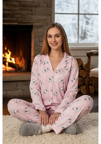 Remsa Kadın Tavşan Desen Önü Düğmeli Suprem Pijama Takımı 0544 Pembe11 Pembe11