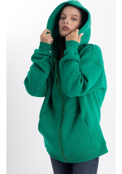 Kapşonlu Fermuarlı Yeşil Hoodie College Yeşil